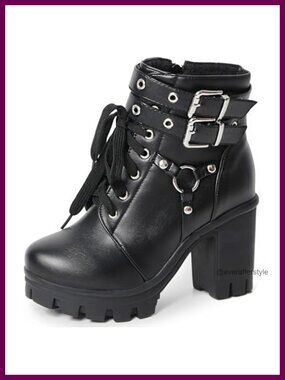 Goth Platform Ankle Boots Black Chunky Heeled Lace Up Combat Bootie